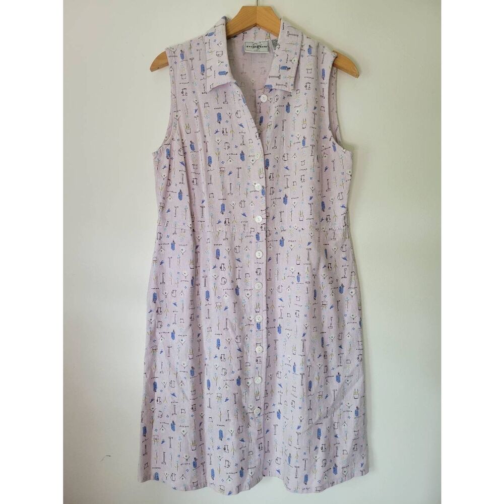 Studio Ease Linen Blend Button Front Shirt Dress Pink Birdhouse Print Size 10